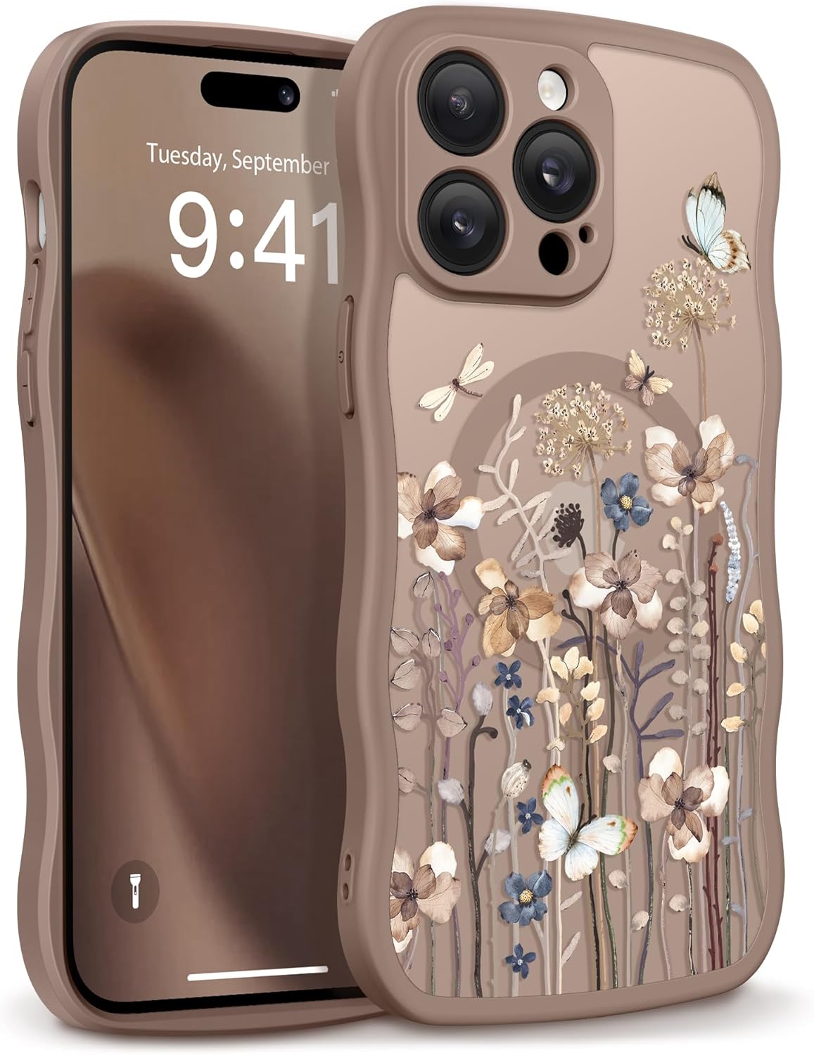 GVIEWIN for iPhone 14 Pro Max Case Compatible with MagSafe [Curly Wave Edge][Full Camera Protection] Floral Translucent Shockproof Magnetic Women Phone Case for 14 Pro Max, Autumnflit/Brown