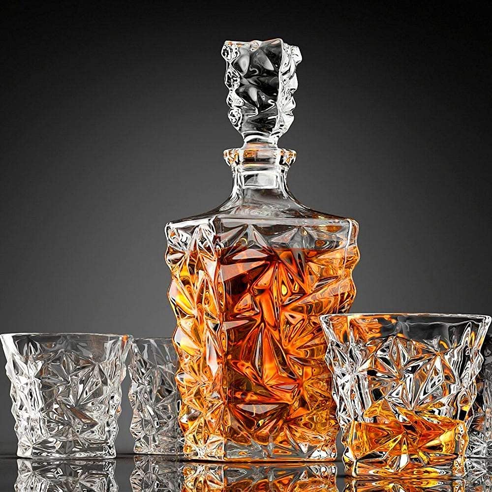 European Crystal Clear 7 Pcs Decanter and Glasses Set- Stylish 1 Diamond Dicanter and 6 Pcs Glass Set - Perfect for Whiskey, Scotch, Wine, Vodka, Tequila, Rum etc, (7Pcs Set)