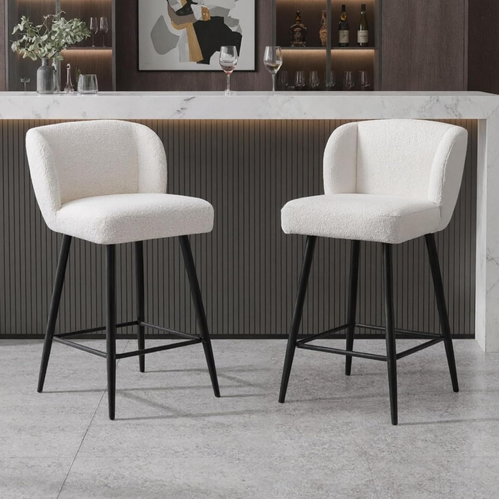 chairus Juego de 2 Taburetes de Bar Moderno Taburetes Altos de Cocina con Respaldo y Reposapiés, Sillas de Bar en Piel Sintética con Asiento Acolchado para Hogar/Cafetería, Blanco