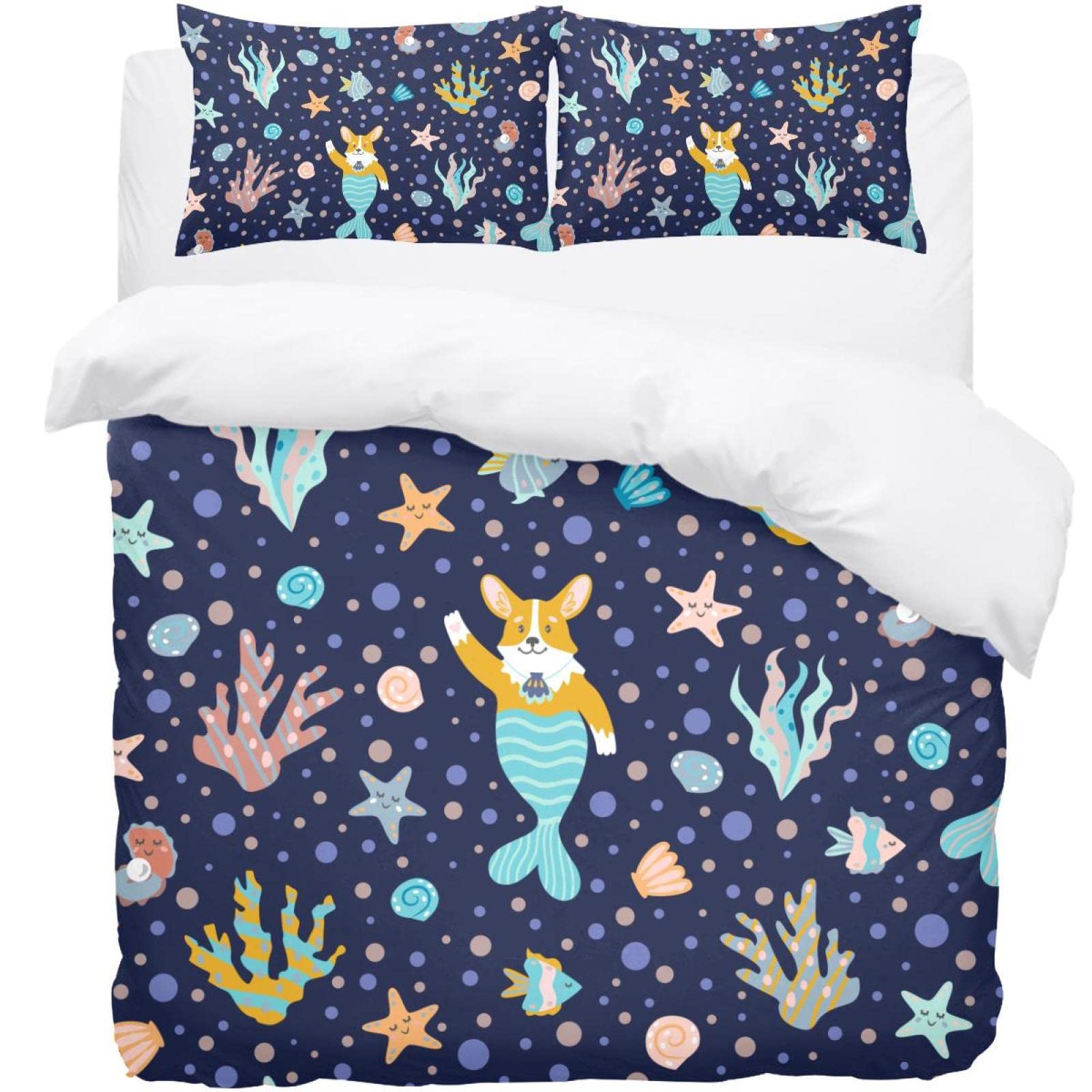Parure de lit housse de couette corgi motif sirène et étoiles