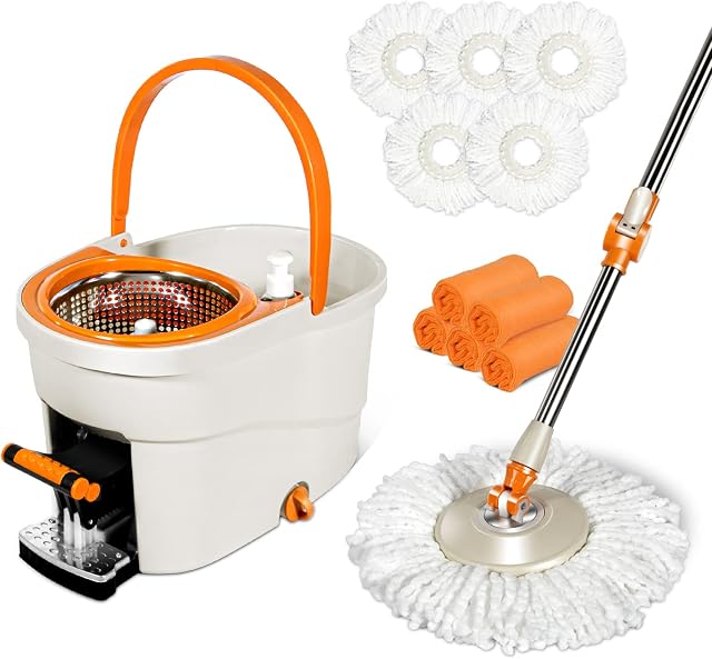 Masthome Mop and Buckets Sets, Spin Mop Bucket with Foot Pedal Wringer, 145cm Telescopic Handle & 5 Microfiber Pads, Floor Mops for Hardwood Laminate Tile Floors, Orange