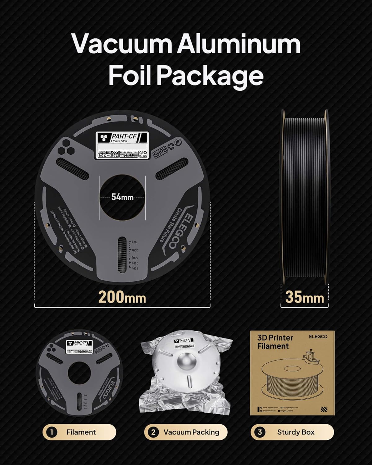 ELEGOO Carbon Fiber PAHT Filament 1.75mm Black 0.5KG, Nylon CF High Temp 3D Printing Filament, High Strength & Rigidity, Corrosion Resistance, 500g Spool Fits for Enclosed FDM 3D Printers