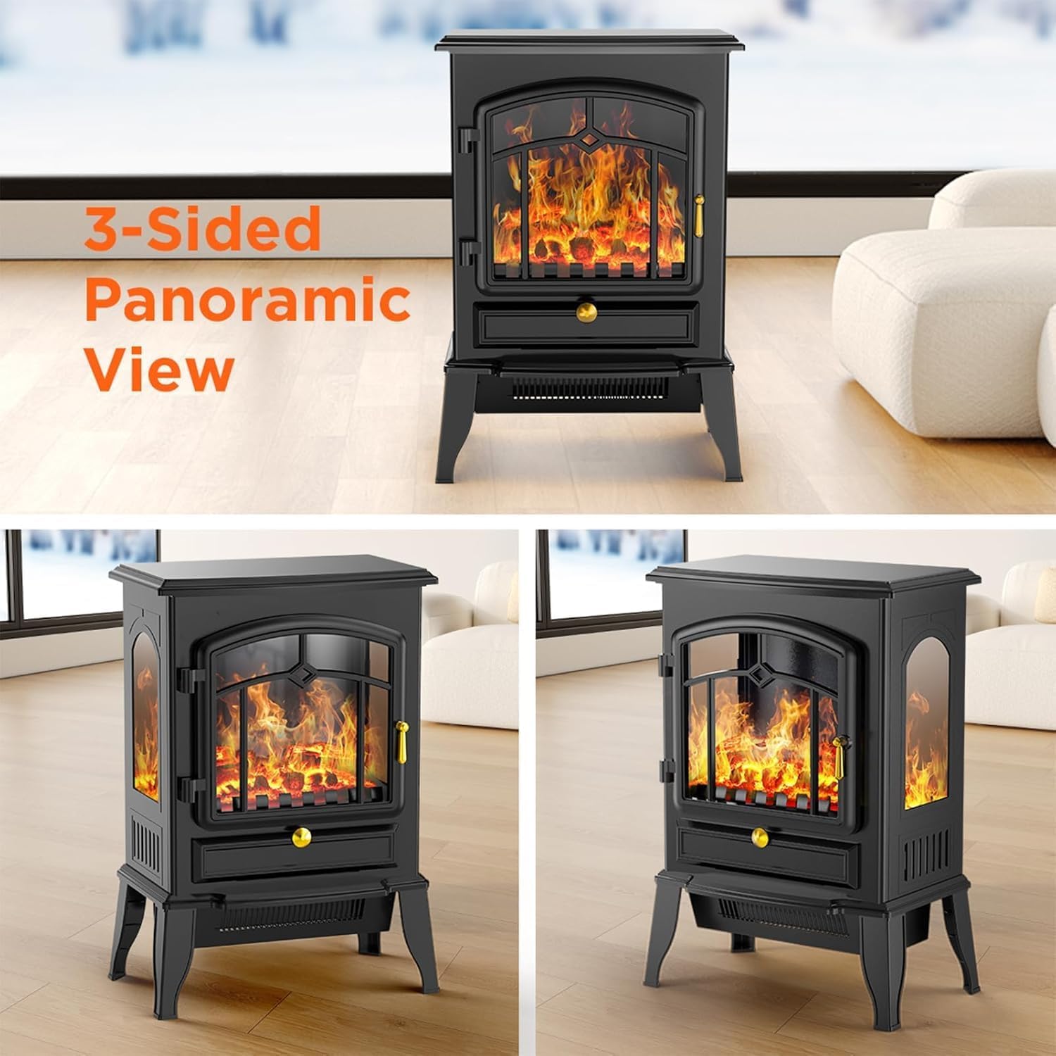 Three views of the ZAFRO Electric Fireplace Stove, showcasing its 3-sided panoramic flame display.