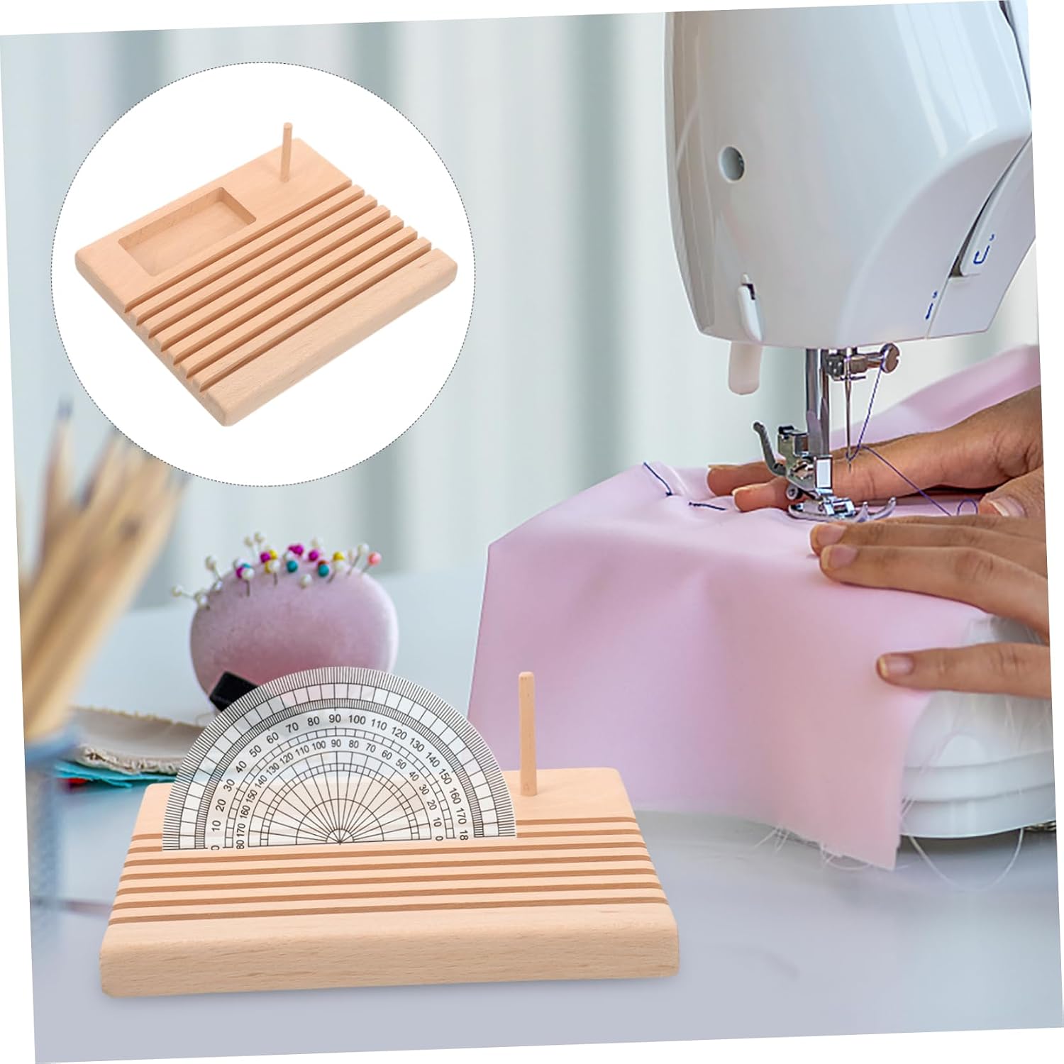SEWOART Sewing Thread Holder Wooden Spool Ruler Stand Quilting Ruler Storage Holder Spool Organizer DIY Tool