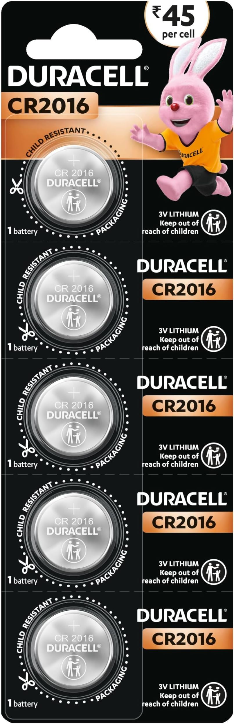Duracell Specialty CR2016 Lithium Coin Battery 3V, Child Safety Features, Pack of 5 Suitable for use in keyfobs, Scales, wearables and Medical Devices