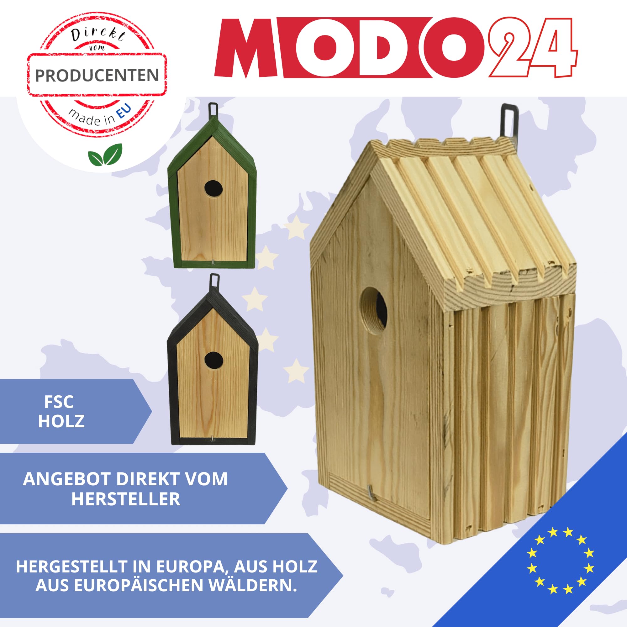 Meisen Nistkasten aus FSC® Holz mit 2,8 cm Einflugloch und mit Heu, Vogelhaus Blaumeisen & Kleinvögel, Brutkasten mit Reinigungsklappe, Futterhaken für Garten, Balkon, 26×15×12 cm, Schwarz