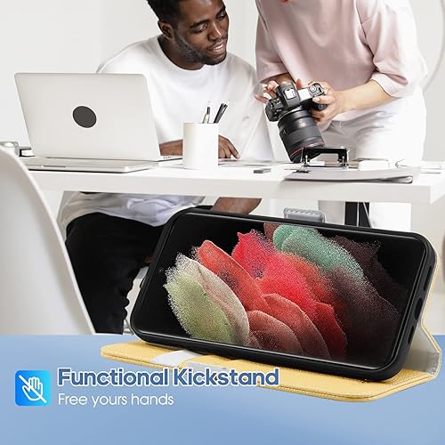 Miniatura 4 de Samsung Galaxy S22 Ultra 5G - Funda tipo cartera con tapa y textura de lichi, piel y TPU a prueba de golpes, con soporte para tarjetas, cierre