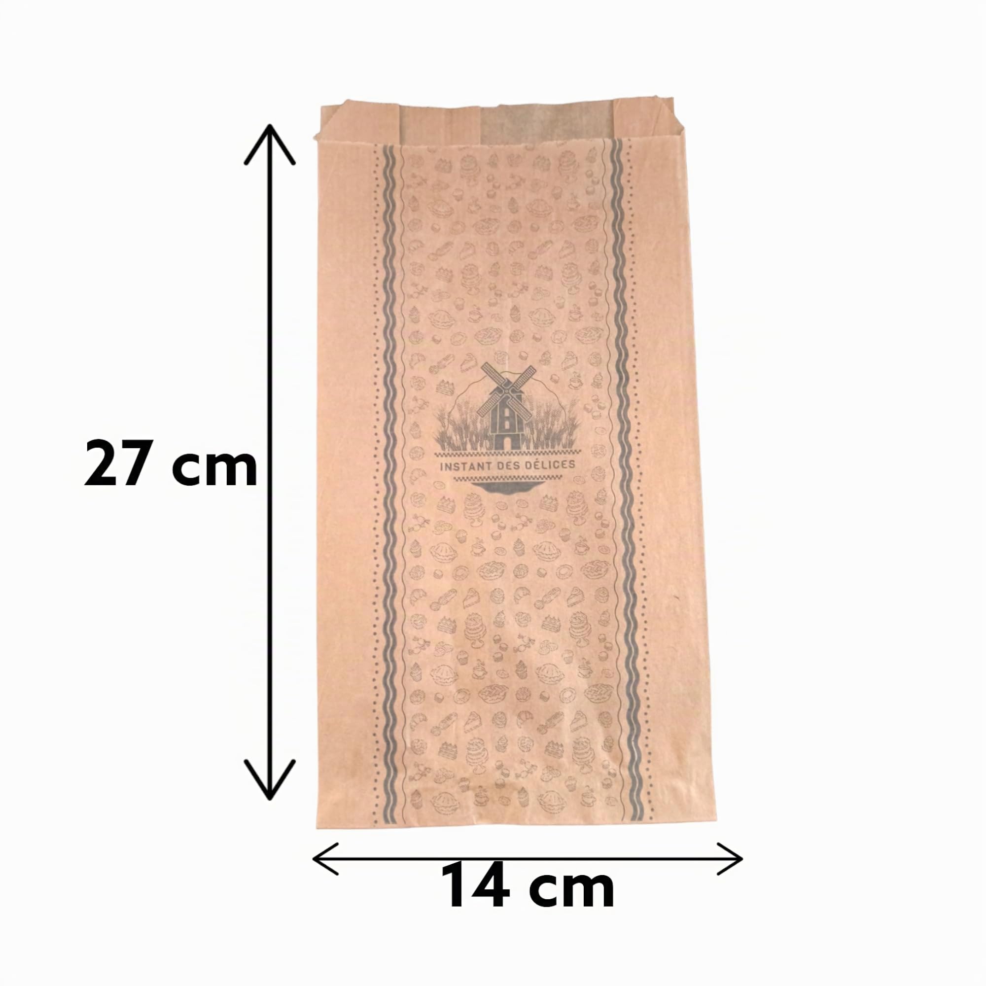 1000 Sacs viennoiseries 14+6x27 cm en papier kraft brun de qualité alimentaire ingraissable imprimé en noir