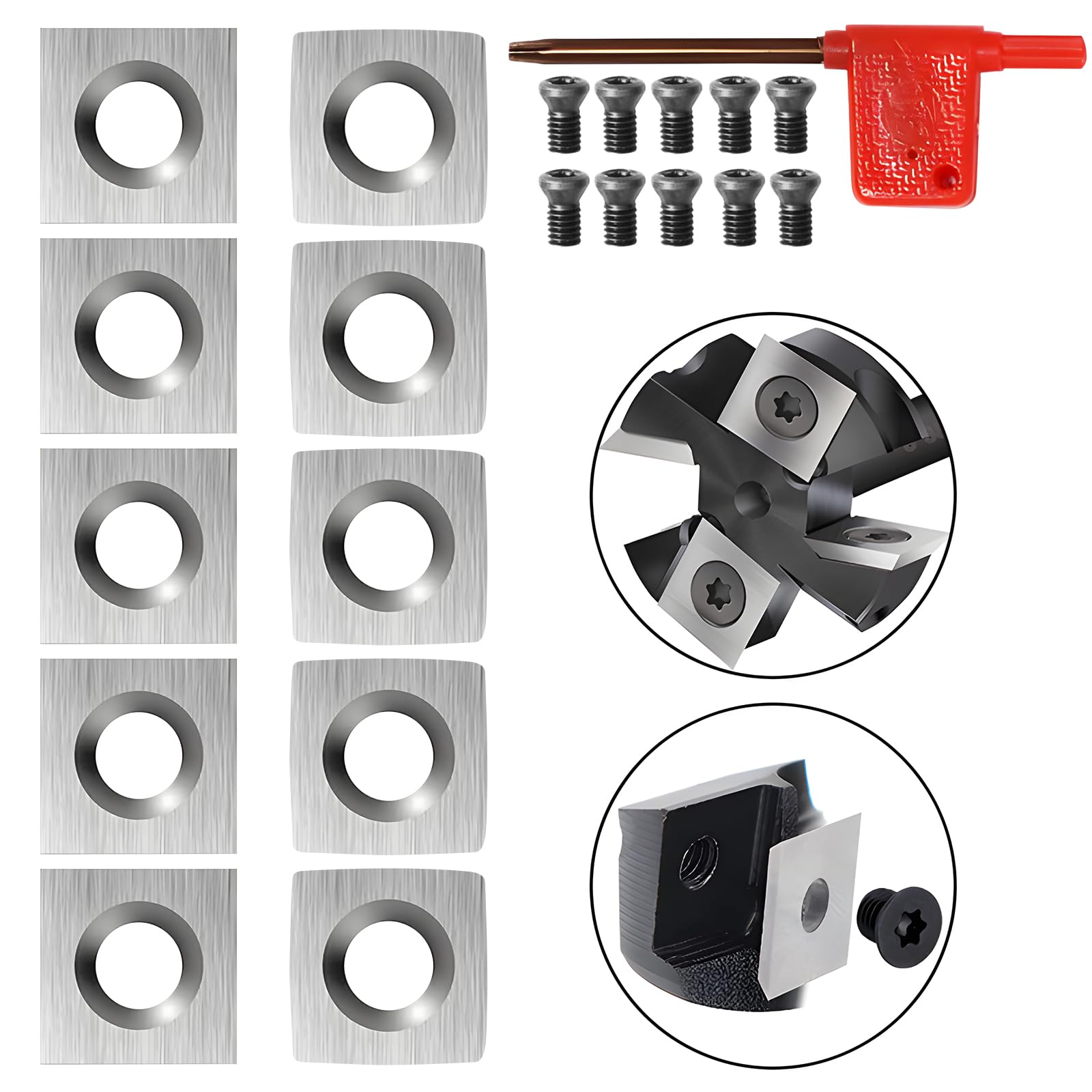 10 Pcs Tungsten Carbide Cutters Inserts Set for Wood Lathe Turning Tools, Include 5 Pcs Square 15 mm Square Edge, 5 Pcs Square 15 mm Rounded edge, Supplied With Screws and Screwdriver
