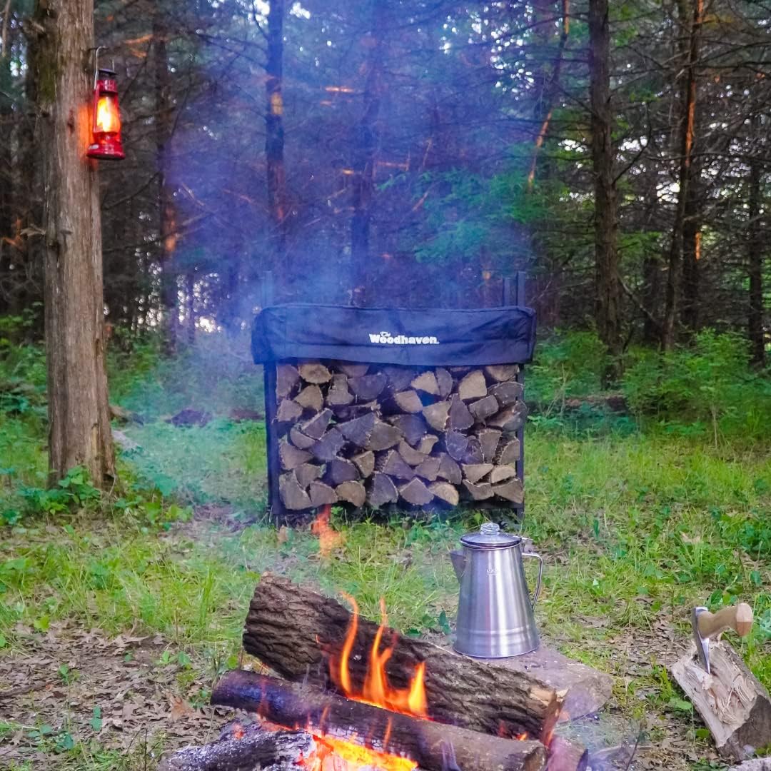 Woodhaven 3 Foot Black Firewood Rack With Cover - Metal Log Holder - Made In USA - Strong Powder Coat Finish - Indoor Outdoor Firewood Storage