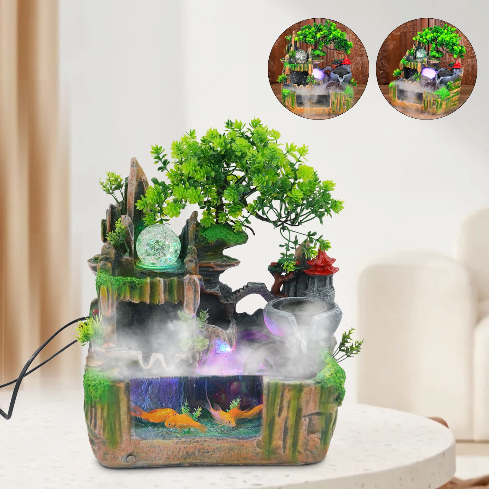 Fuente pequeña con iluminación, fuente de mesa, habitación, cascada, mini paisaje rocoso con estanque y máquina de niebla, 30 x 18 x 33 cm