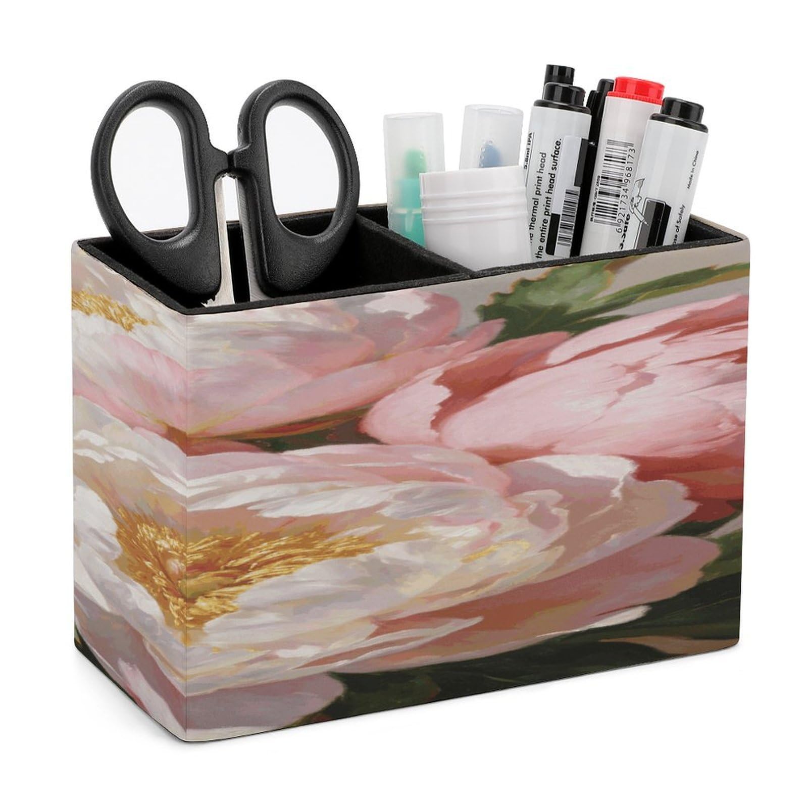 LZQPOEAS Peony Pen Holder Double Compartments Pen Cup Makeup Brush Holders Leather Pencil Holder Locker Organizer for Work Locker Accessories Modern Pencil Cup for Desk