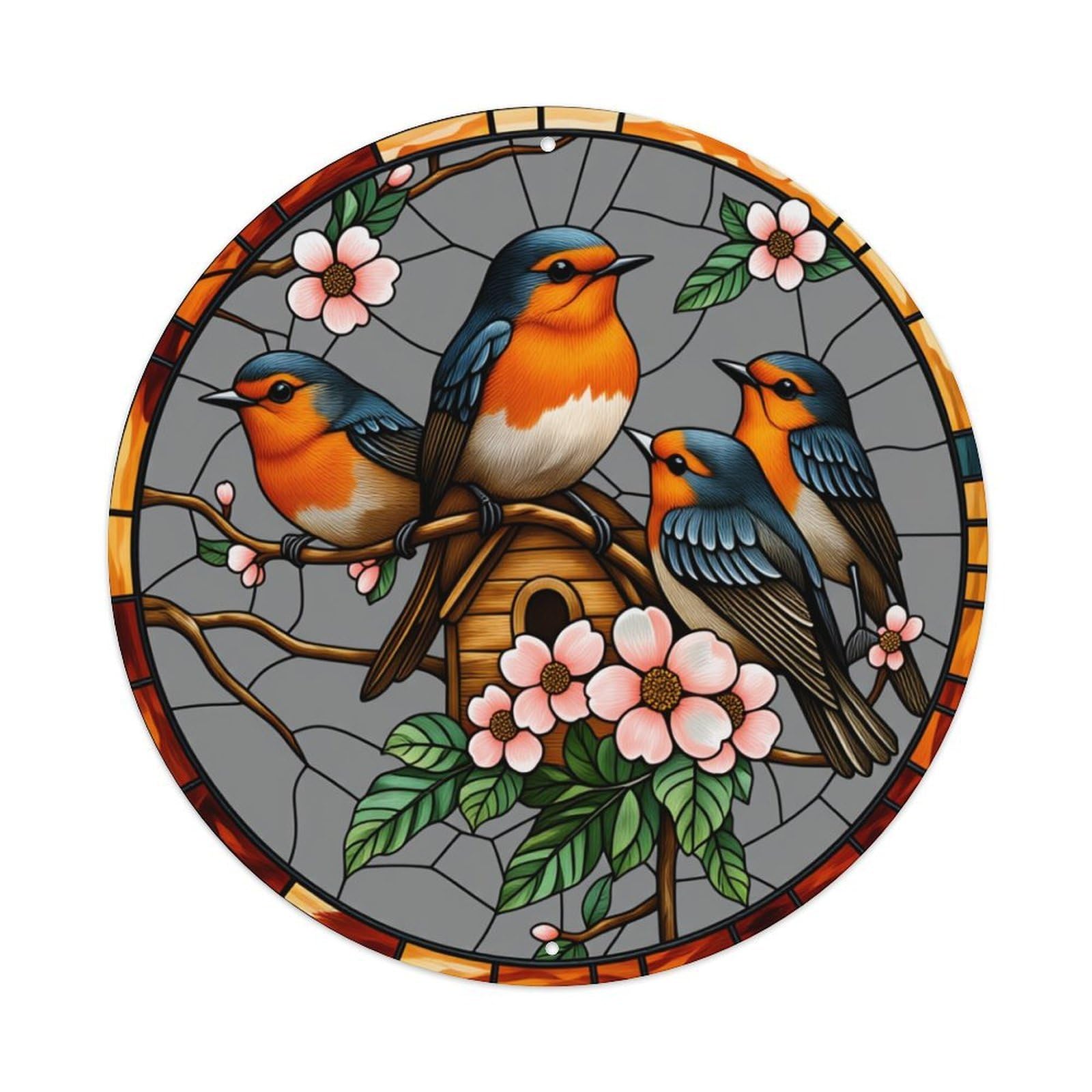 Birds Nest Flowers Branches Stained Round Tin Sign Vintage Metal Poster Retro Bar, Home, Man Cave, Kitchen, Laundry Room Wall Art Decor Gift 8x8Inch