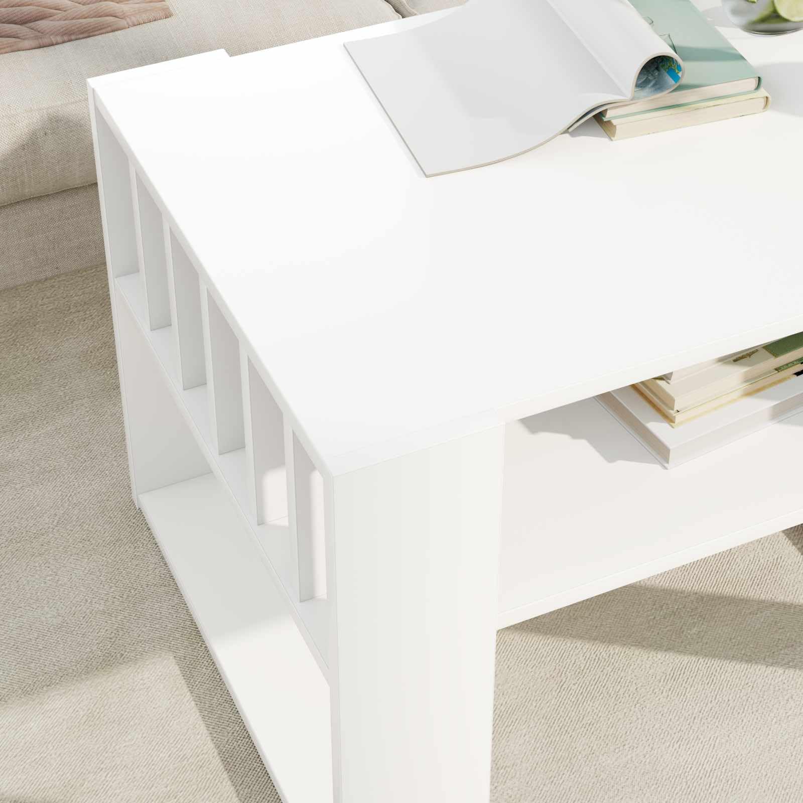 Mesa de centro blanca de 66 x 49,5 x 45 cm, material de madera, moderna mesa de salón con estante y espacio de almacenamiento para salón, habitación de invitados, oficina, pasillo, recepción