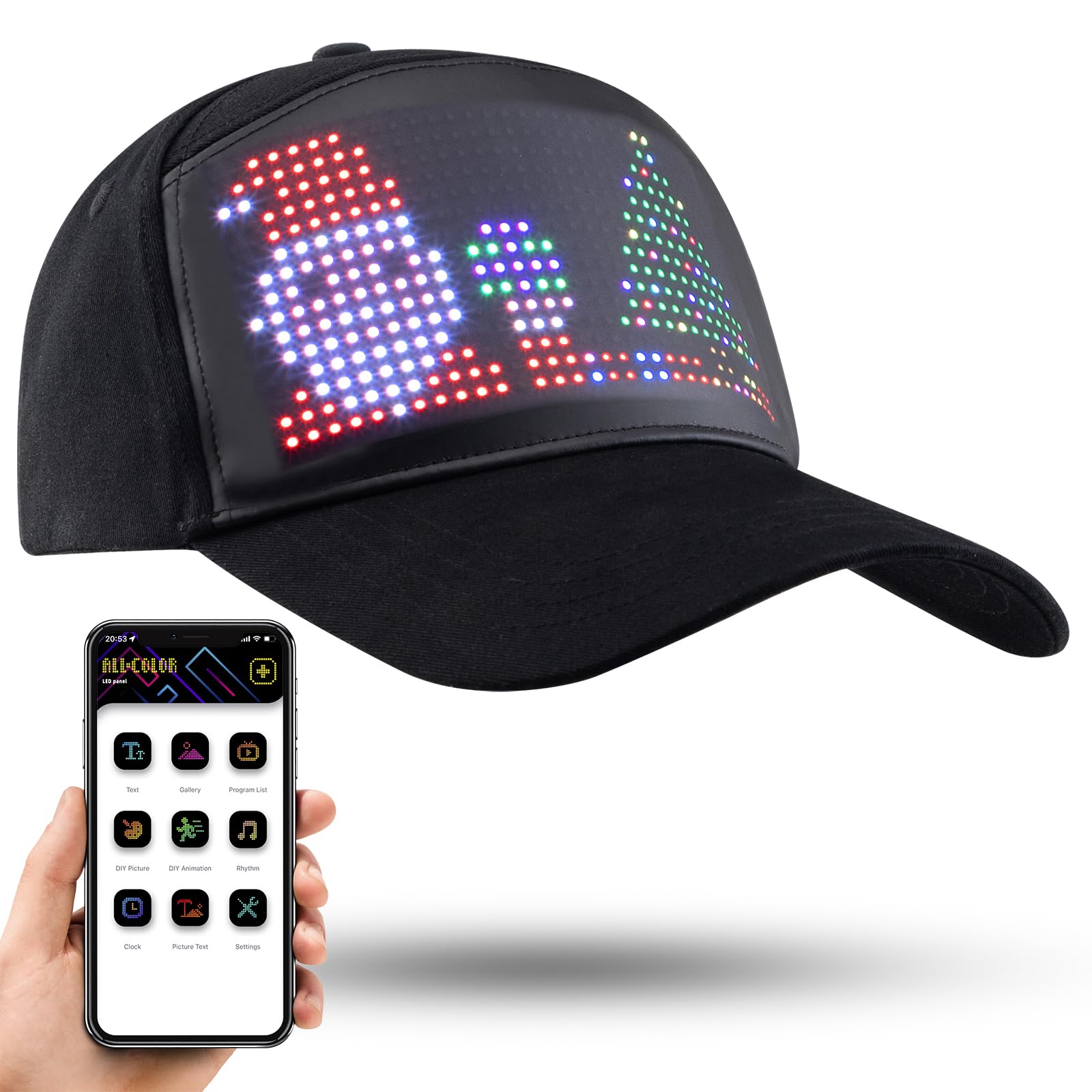 LIOVODE LED Hats, Mobile APP Control Cap Display Message Words Hats for New Year's Christmas Party Birthday Advertising Campaign