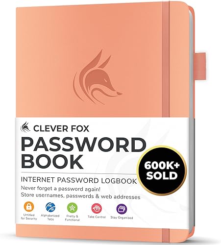 Clever Fox - Libreta de contraseñas con pestañas alfabéticas, organizador de direcciones de Internet, tamaño pequeño de bolsillo, para inicios de