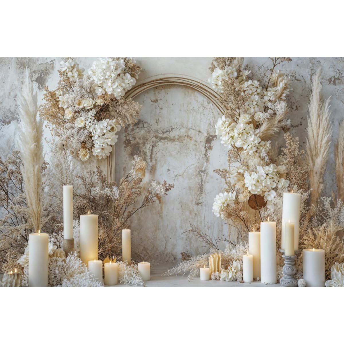 YongFoto Boho Vintage Room Wall Backdrop 7x5ft Elegant Pampas Grass Arch White Flower Candles Photography Background Bridal Shower Wedding Party