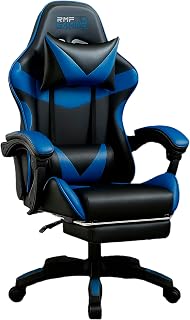RMF Silla Gaming Profesional Ergonómica Reclinable, Sillón de Oficina y Gamer con Asiento Cómodo y Relajante, Reposapiés Extensible, Ruedas Giratorias y Altura Ajustable - Azul/Negro
