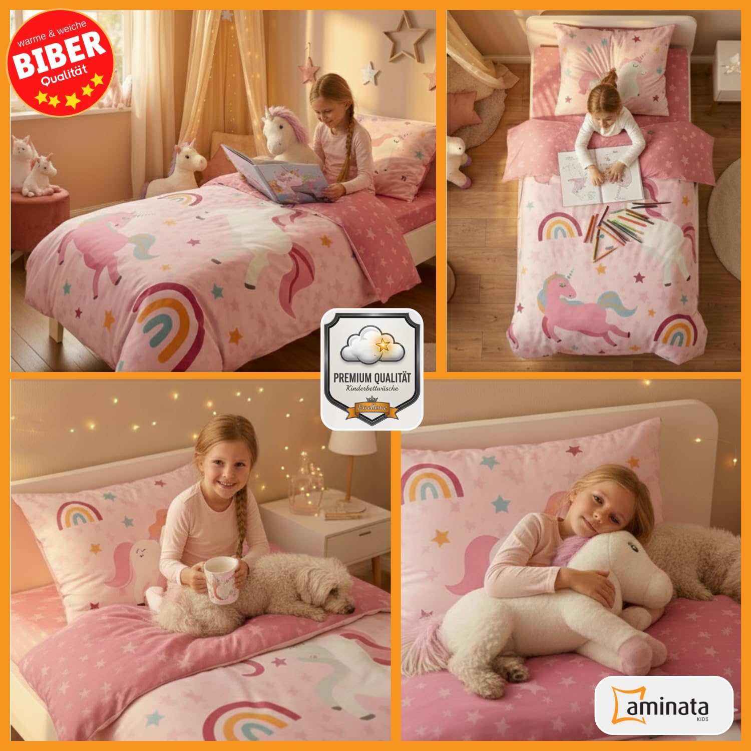 Aminata kids Biber Bettwäsche 135x200 Einhorn Regenbogen-Motiv Kinder Mädchen 100% Baumwolle Rosa YKK Reißverschluss - Einhorn-Wende-Bettwäsche-Set