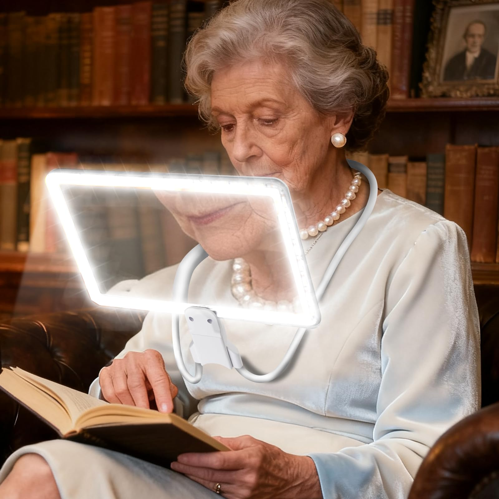 Lupa de cuello 5X con luz, lupa con luz manos libres, lupa de página de libro completo con 3 modos de luz, cuello de cisne flexible para personas mayores que leen baja visión (blanco)