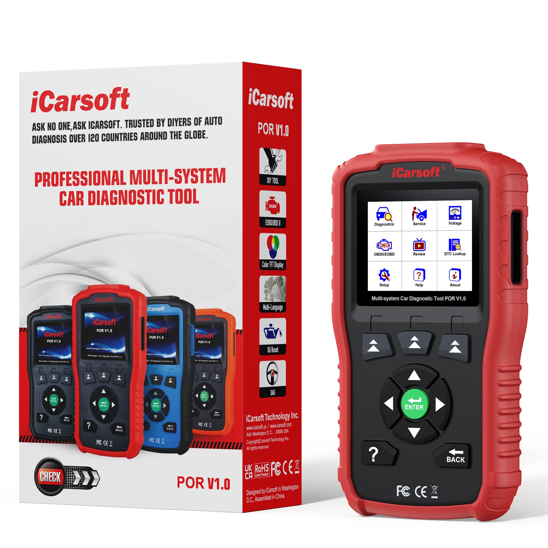 iCarsoft Escáner OBD2 para Porsche, sistema completo POR V1.0, herramienta de diagnóstico de coche, lector de código automotriz con reinicio de aceite/SAS, prueba de batería, datos gráficos en vivo