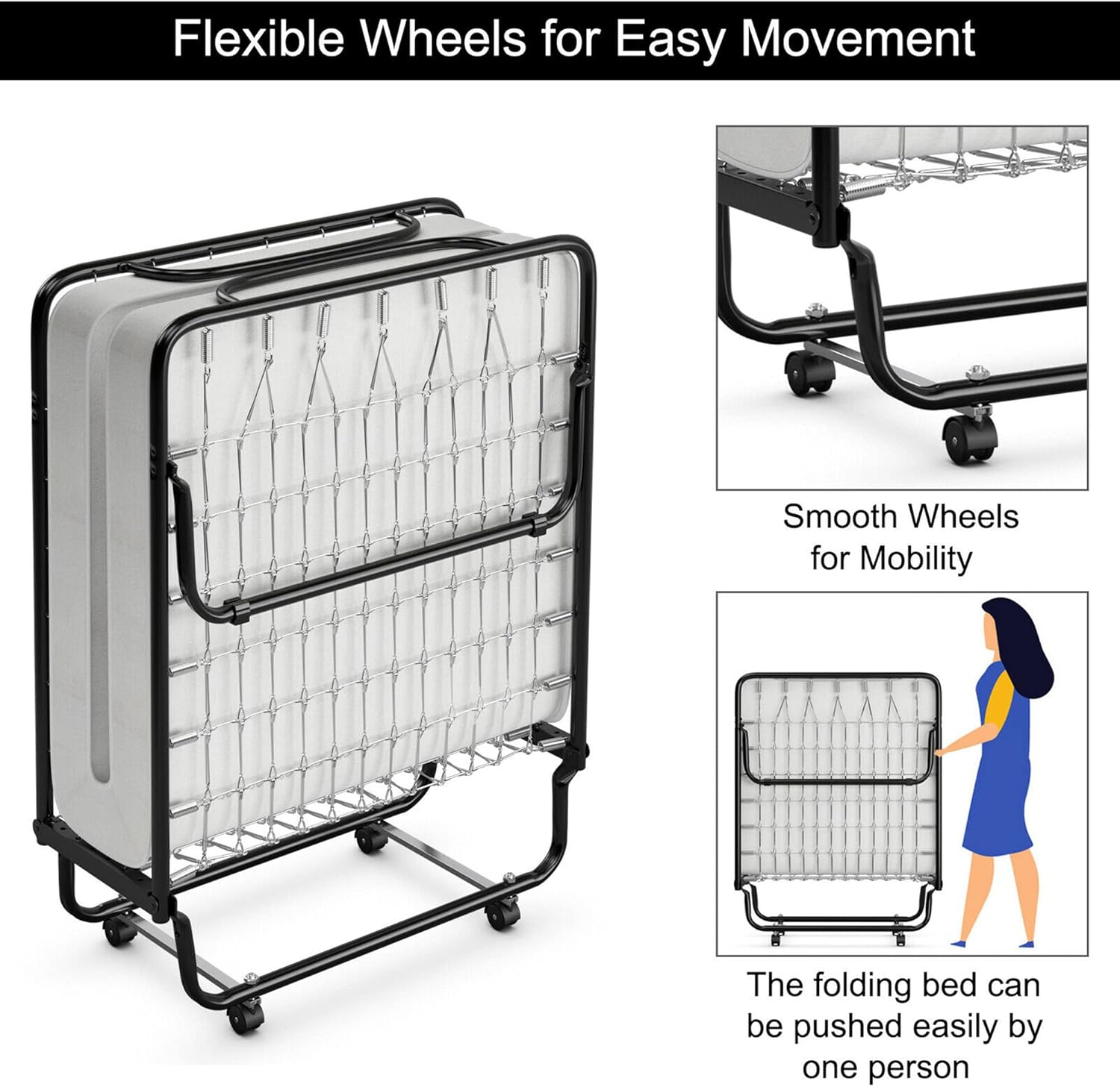 DORTALA Rollaway Folding Metal Bed, Memory Foam Mattress Cot W/Super Sturdy & Heavy Duty Metal Frame, Portable Guest Bed for Home & Office, Easy to Assemble