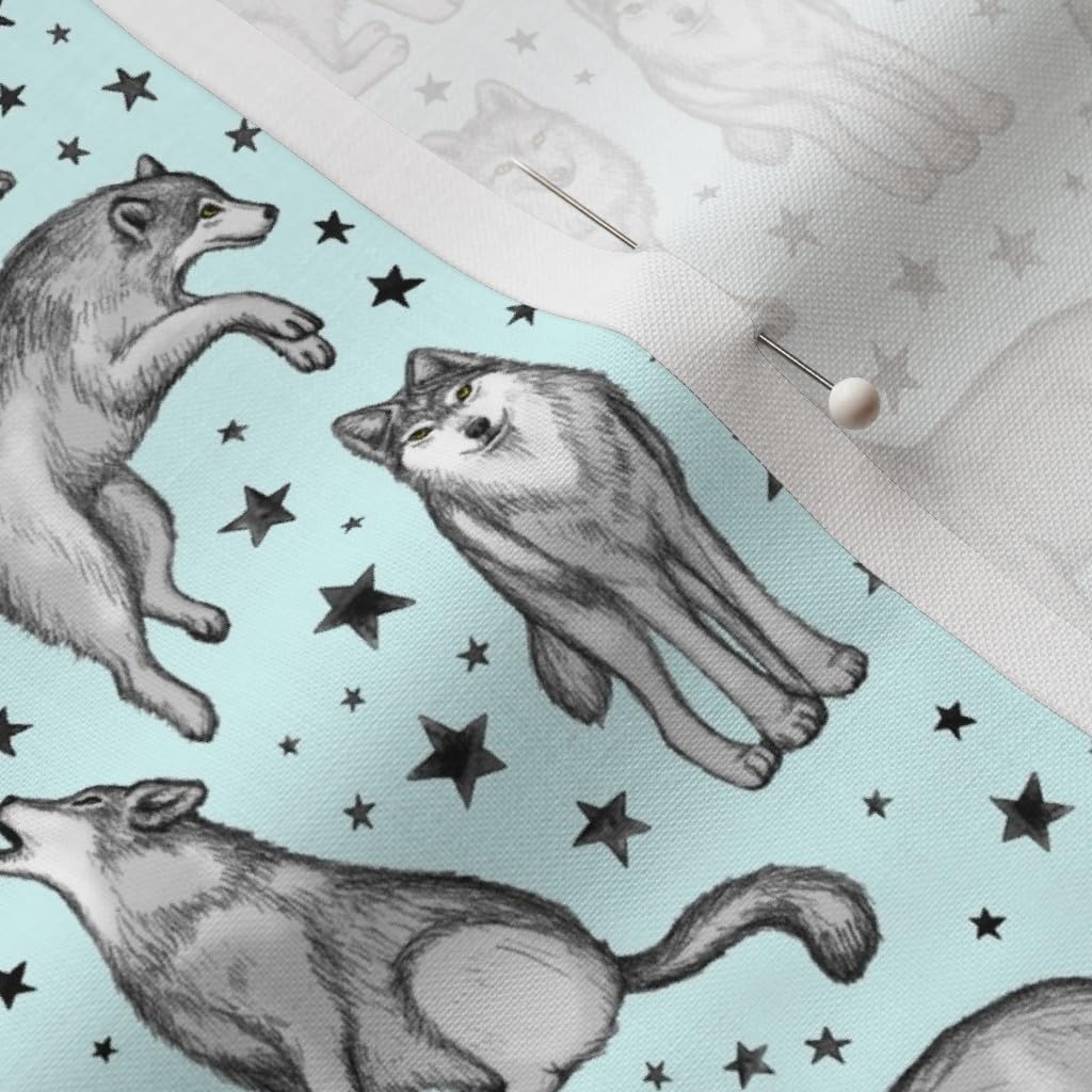 Spoonflower Fabric - Wolves Stars Light Blue Wolf Star Illustration Animal Cute Printed on Petal Signature Cotton Fabric by The Yard - Sewing Quilting Apparel Crafts Decor