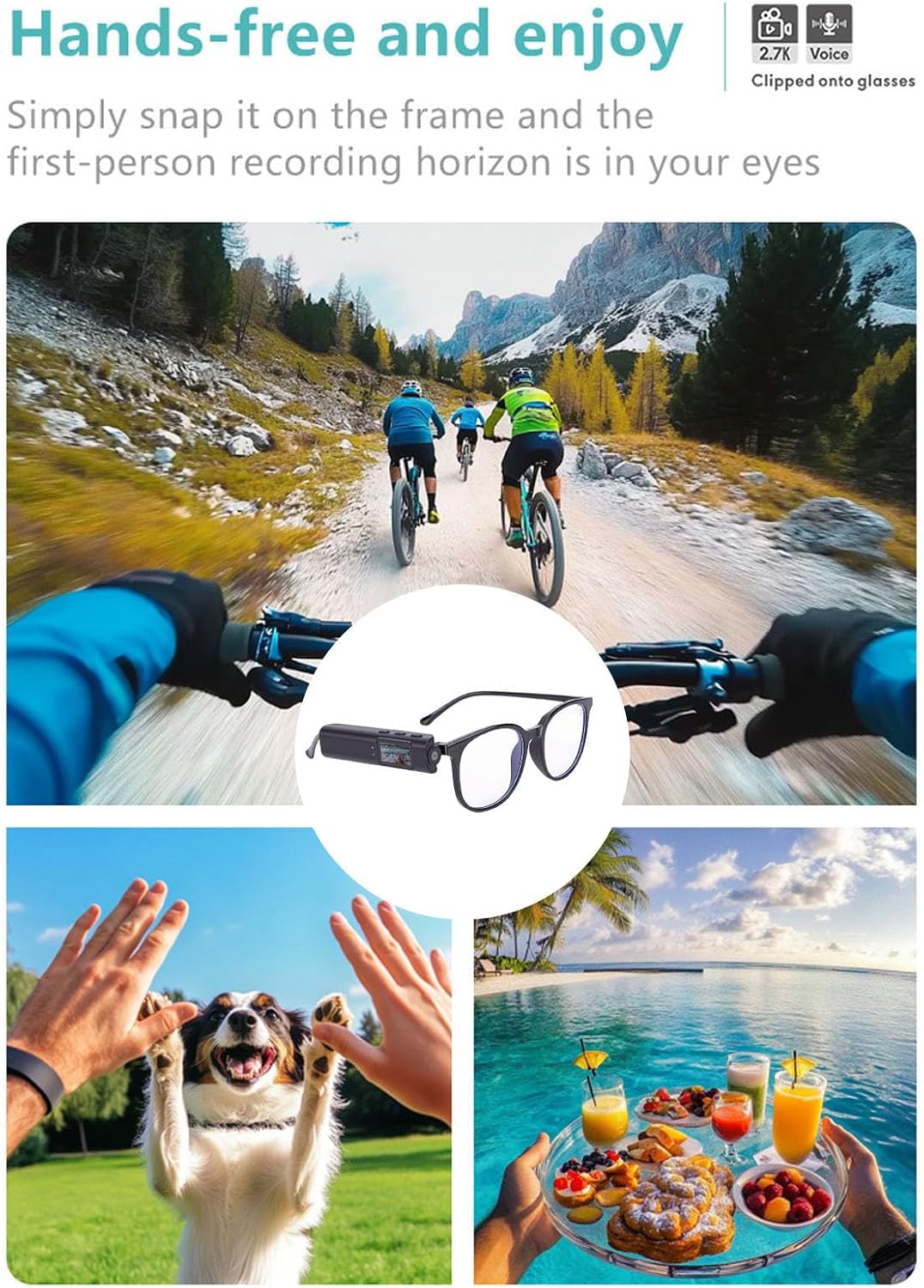 GOWENIC 2.7K HD Camera Glasses clipped onto a pair of glasses, showing a first-person perspective view of people cycling.