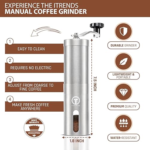 Miniatura 3 de Molinillo de café manual de iTrends – Molinillo manual de grano de café de acero inoxidable, molinillo de café manual con manivela con ajustes