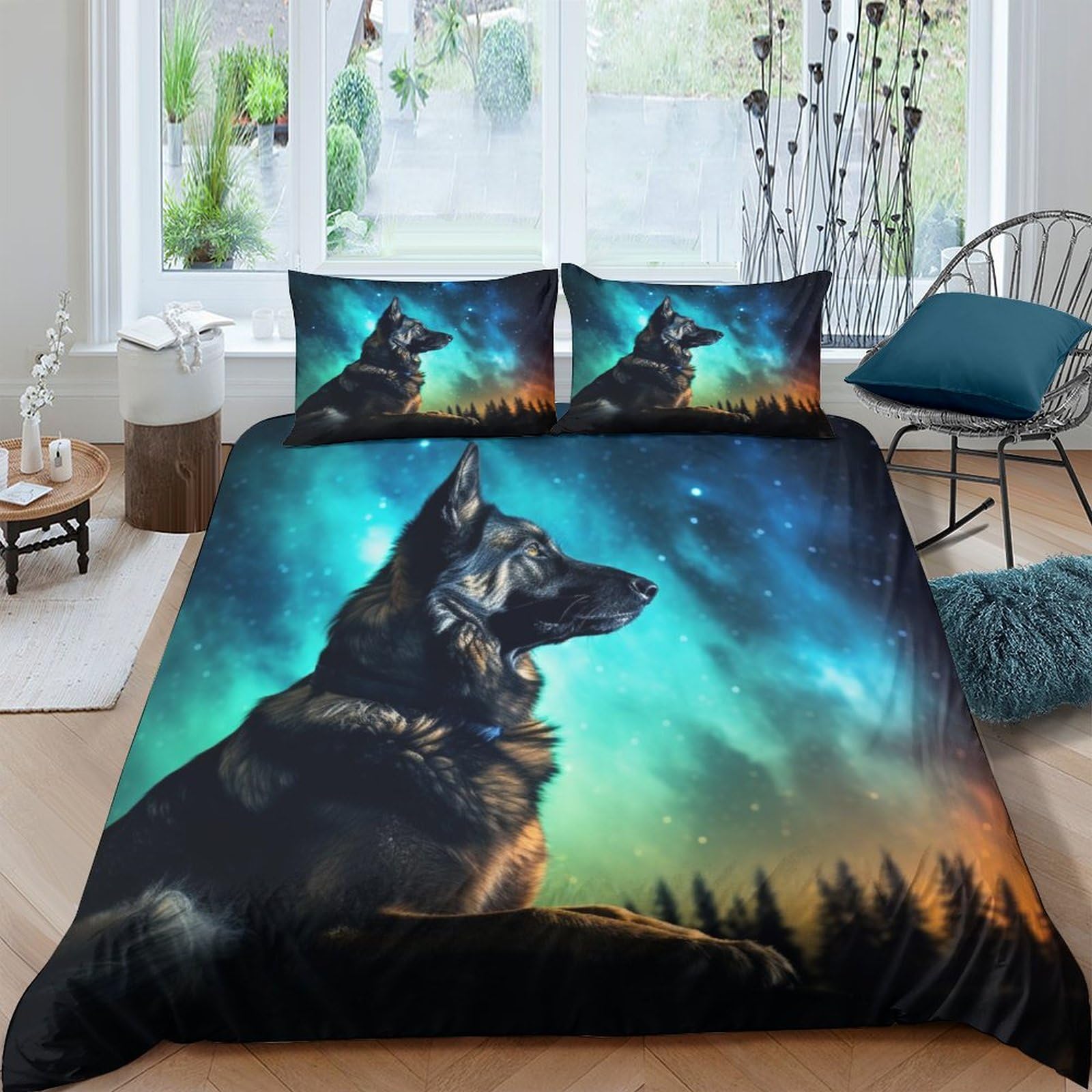 Crjus Style-3 German Shepherd Dog Bedding Duvet Cover Set 3D Starry Sky Quilt Cover Soft Microfiber Bedroom Duvet Set Bedding Set With Pillowcase,For Teens And Adults 3 Piece Set King（220X240cm）