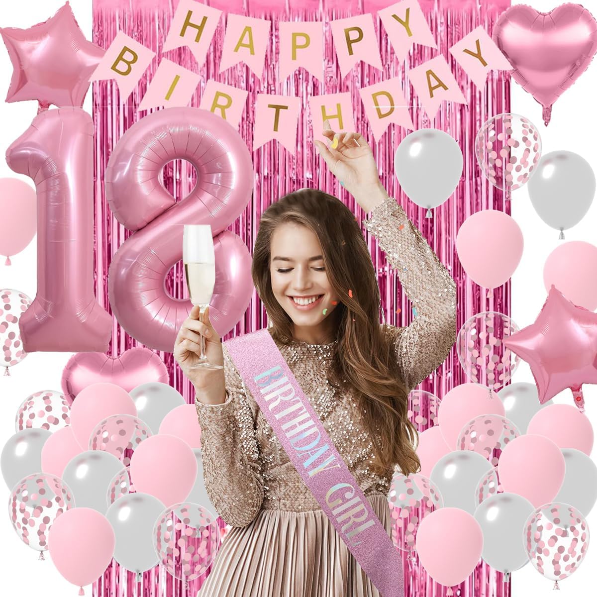 Sweet 18 Party Decorations for Girls, Pink and Silver 18th Birthday Decorations, Happy Birthday Banner Fringe Curtain Cake Topper Balloons Sash and Tiara, Pink 18 Birthday Party Supplies for Girls