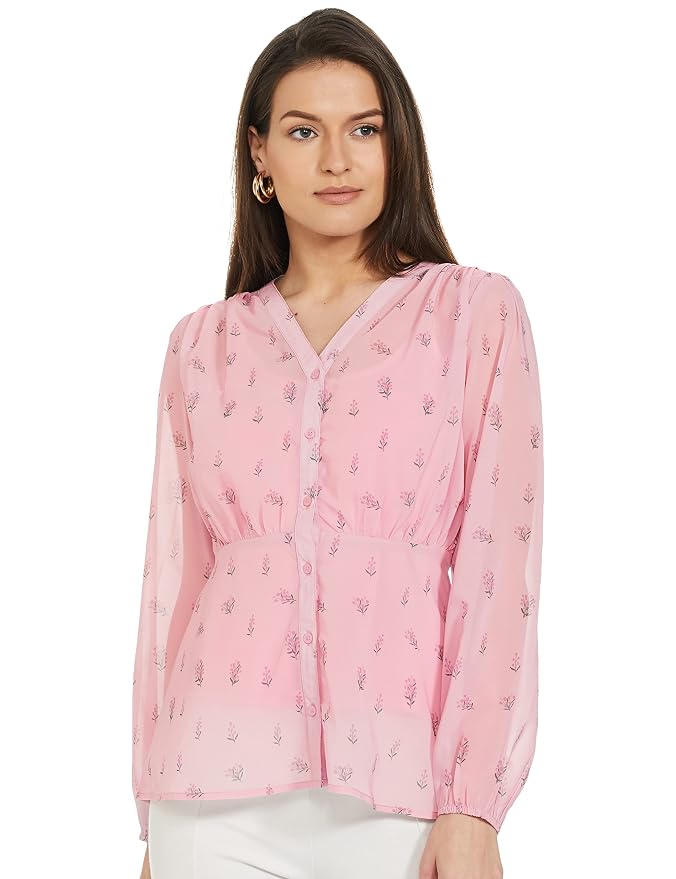 Amazon Brand - Eden & Ivy Women's Georgette V-Neck Long Sleeve Regular Fit Shirt Top (Available in Plus Sizes)