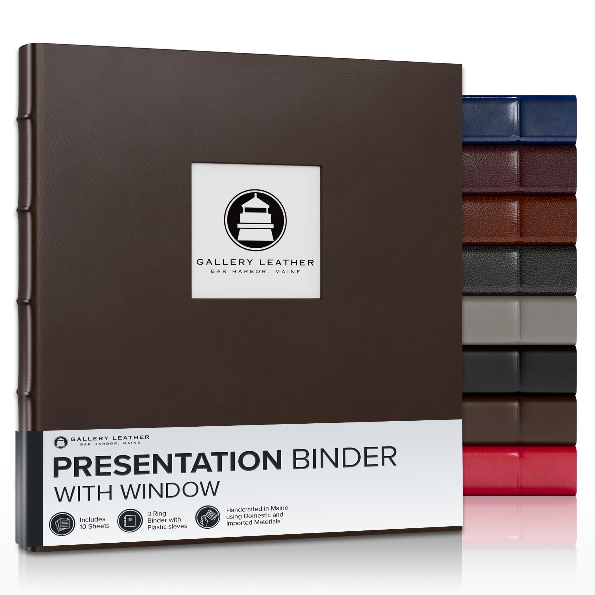 Gallery Leather 3 Ring Binder with Plastic Sleeves, Includes 10 Sheets, Sheet Size: 8.5" x 11" - Presentation Binder Rings with Window and Hubbed