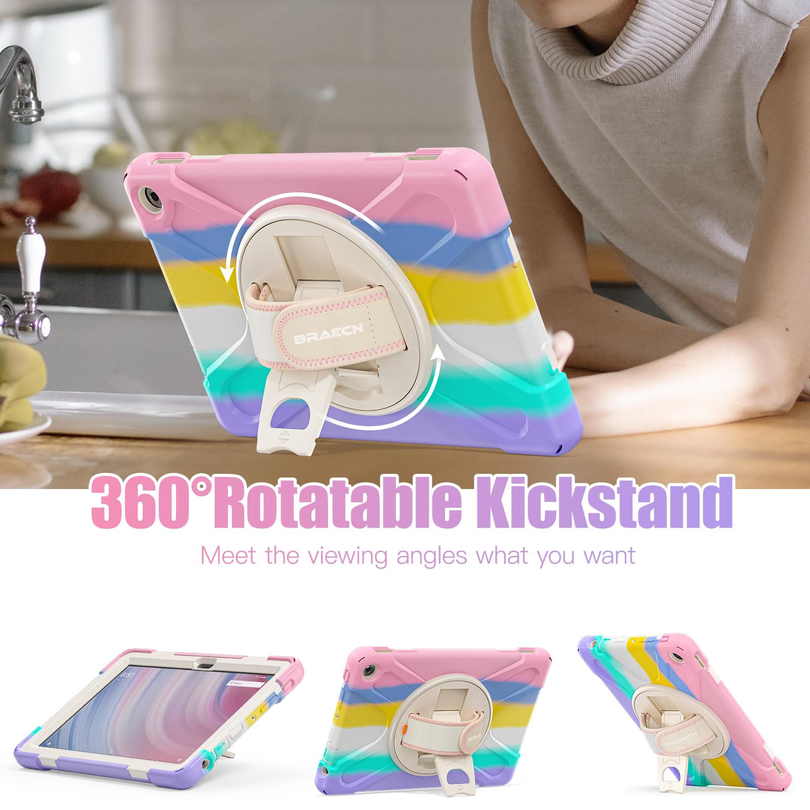 BRAECNstock Custodia per bambini per tablet Amazon Fire HD 10 di 13a generazione 2023, custodia protettiva antiurto per Kindle Fire HD 10 con pellicola protettiva, cinghia da polso girevole+supporto,