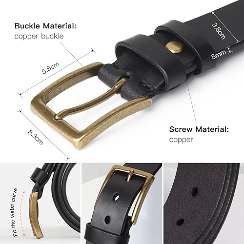 Miniatura 2 de Cinturón de cuero de grano completo para hombre, ajustable, 0.197 in de grosor, hebilla de cobre duradera