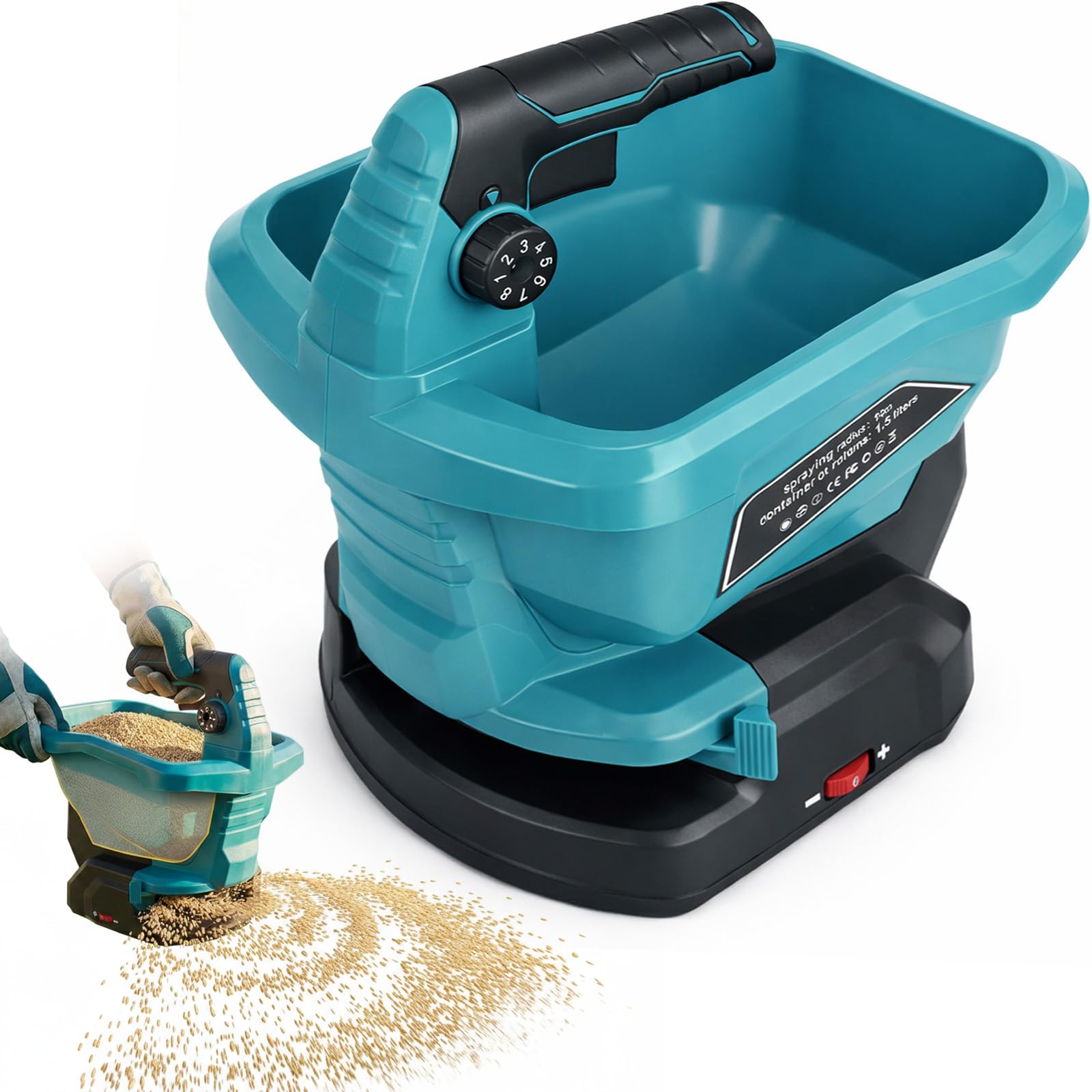 Cordless Düngerstreuer kompatibel mit Makita 18V Akku, 3,3-Liter Handgehaltener Sä- und Streuwagen für Dünger,Saatgut, Streusalz, 5 m Streubreite, 6 Geschwindigkeiten & 8 Streustufen(Ohne Akku)