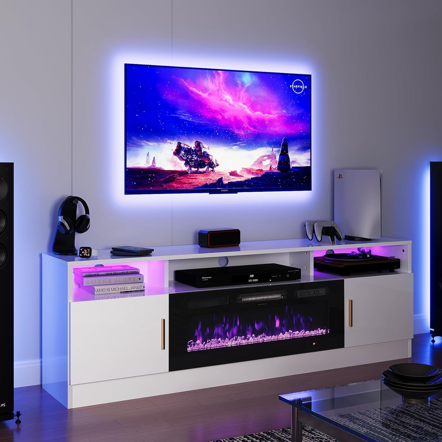 oneinmil 70" Fireplace TV Stand for TVs Up to 80", Electric Fireplace Entertainment Center with LED Lights & Storage Cabinets, Media Console Table for Living Room, White/Black