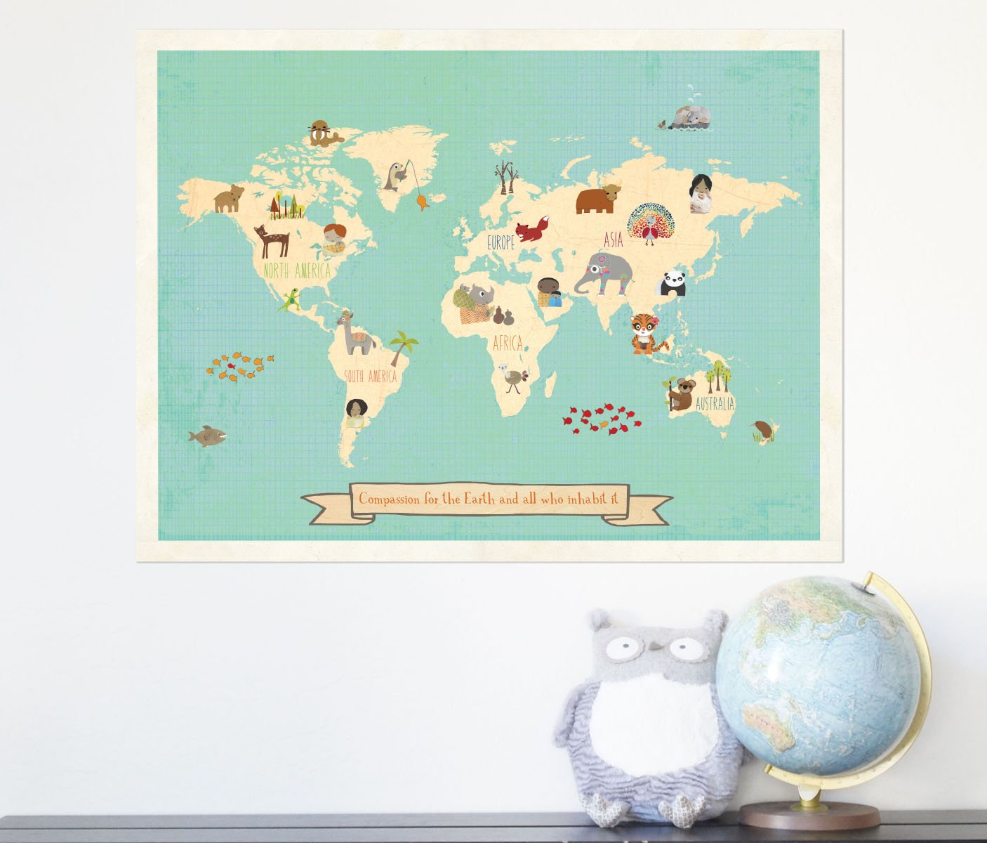 Global Compassion World Map 24x18 Print, Children's Wall Art Map, Kid's Animal World Map, Nursery Décor, Nature Themed Nursery, Nursery Wall Art, Kid's Art, Kid's Decor, Gender Neutral Nursery