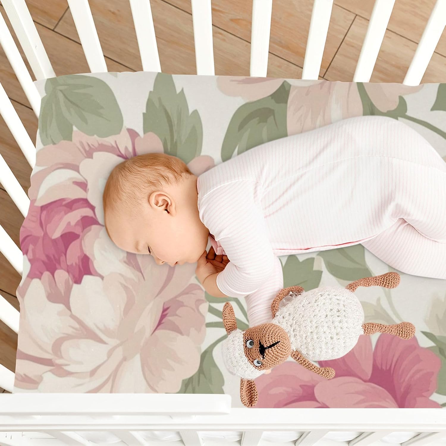 Peony Flowers Fresh Beige Crib Sheets Standard Crib Toddler Mattresses Cover Fitted Baby Bed Sheet Breathable Crib Mattress Sheet for Girls Boys 52" x 28"x5''