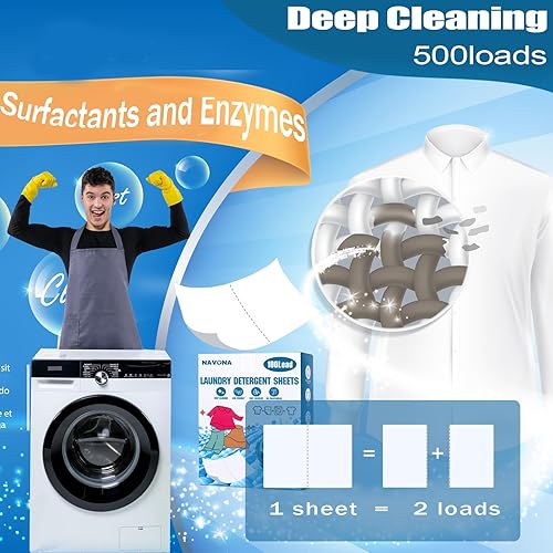Miniatura 2 de 500 cargas NAVONA - Hojas de detergente para ropa con aroma fresco, potente eliminación de manchas y ecológico, ideal para apartamentos,