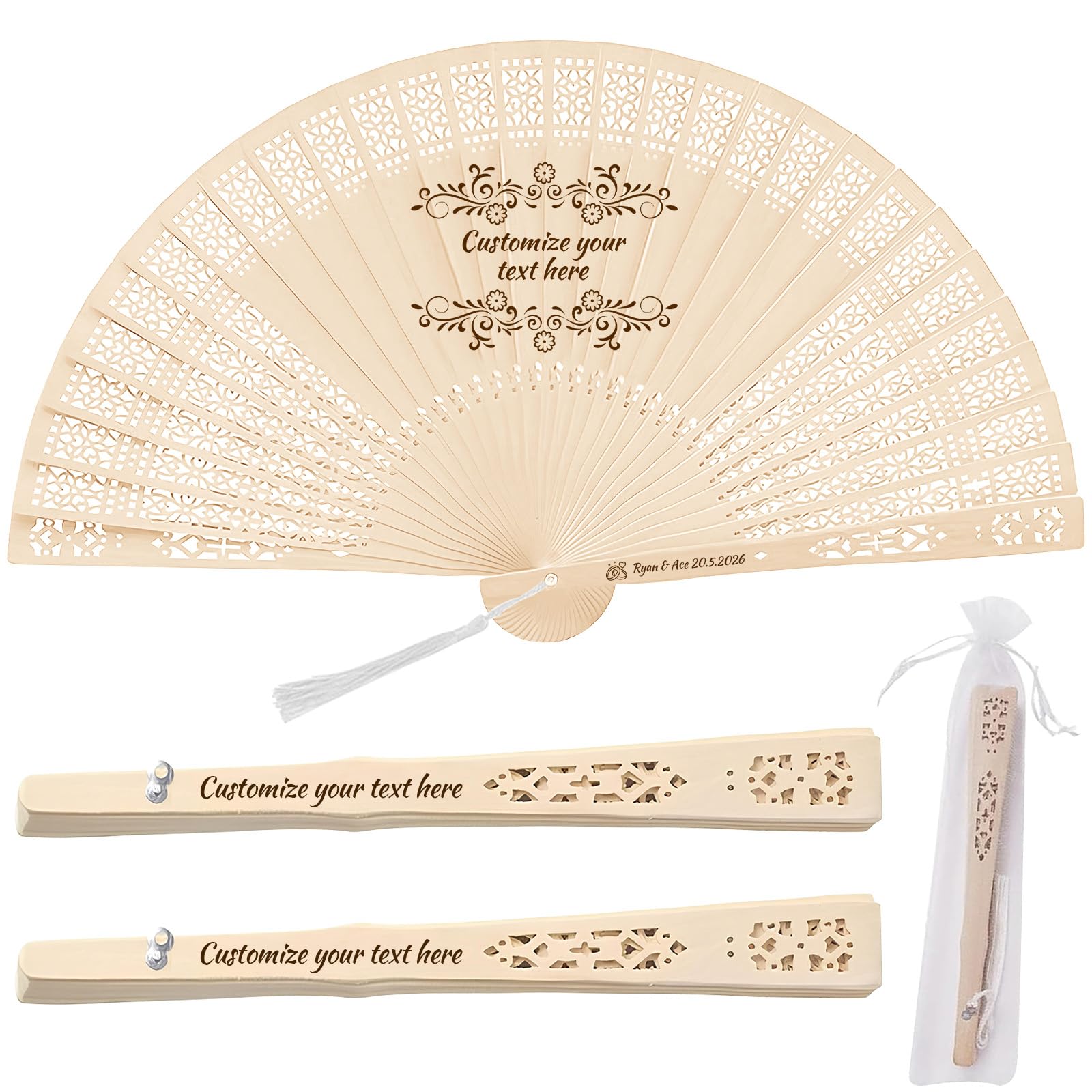 Lot de 30 éventails personnalisés en bois avec pompons et pochettes organza – Idéal pour mariage, remise de diplômes et anniversaires (Éventail creux en bois)