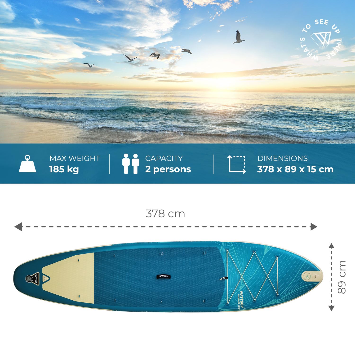 Wattsup - SUP Stand Up Paddle Gonfiabile MARLIN 12'5-378x89x15 cm, Dropstitch - Pacchetto completo: Remo 2in1, Leash, Pompa, Borsa di Trasporto - Fino a 185 kg - Blu