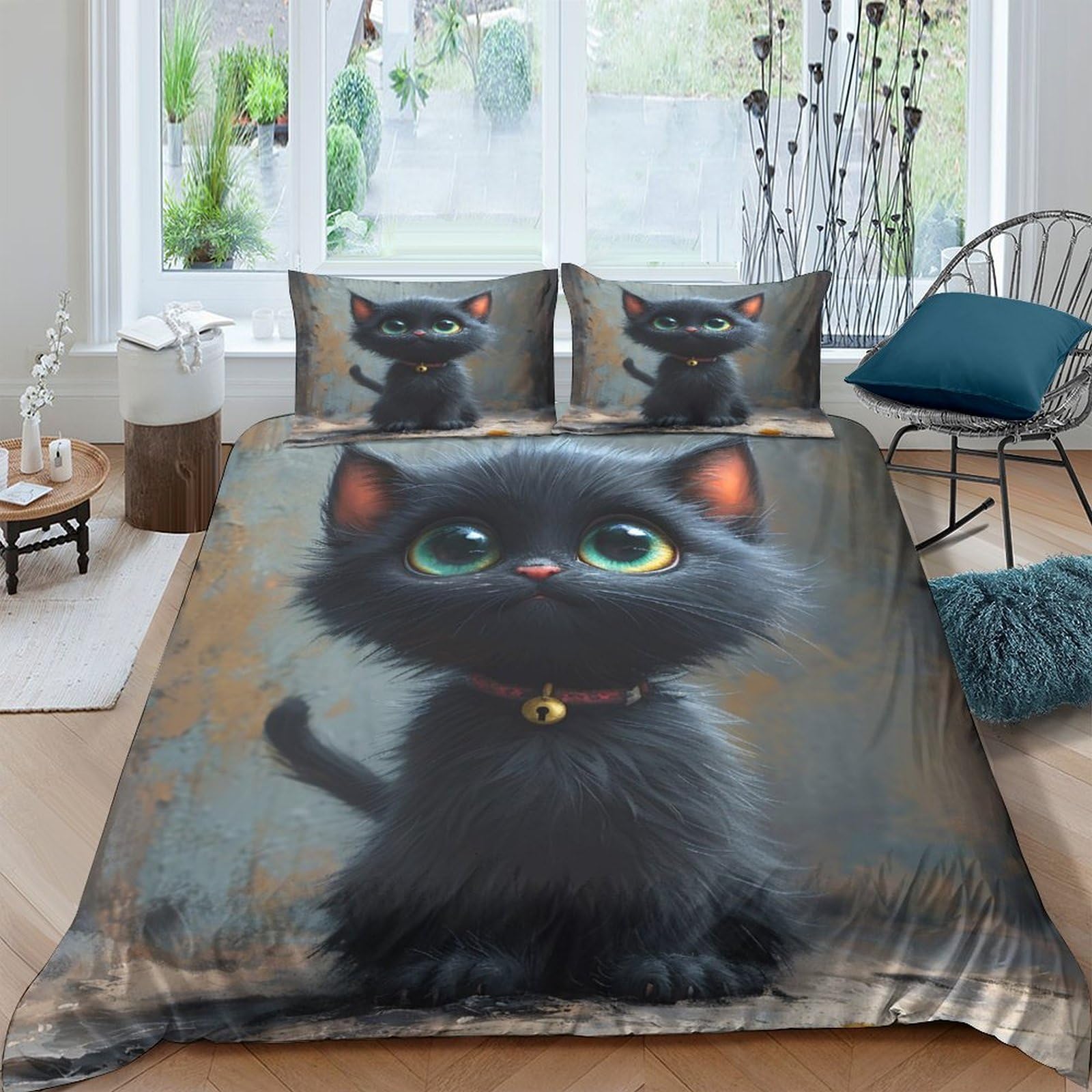 Housse de couette imprimé 3D dessin animé chaton noir 140x200 en microfibres