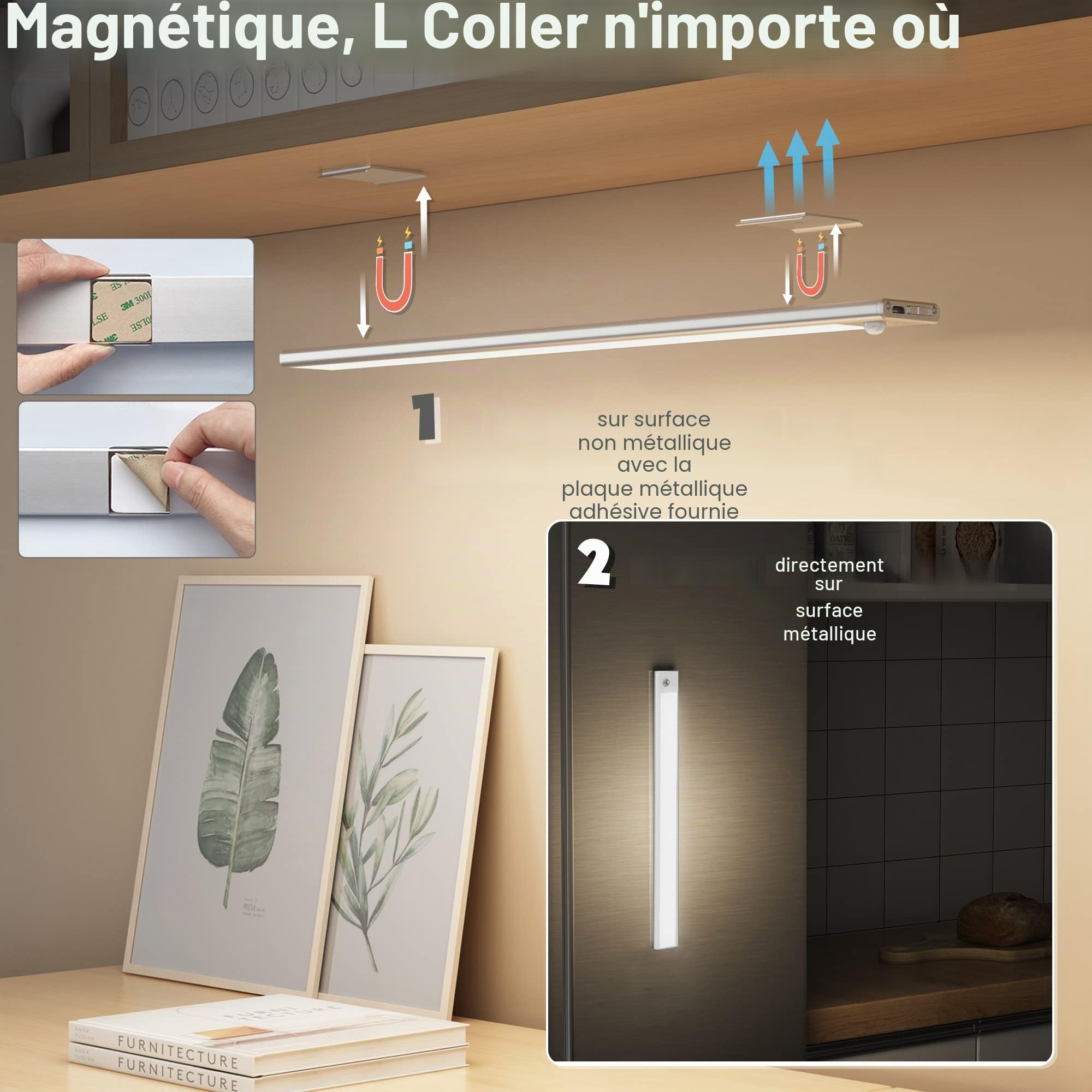 Led Lampe Dimmable de Placard 60cm, Applique Murale sans Fil avec Détecteur de Mouvement Interieur, Réglette Led Rechargeable sous Meuble Cuisine à 3 Modes d'Eclairage