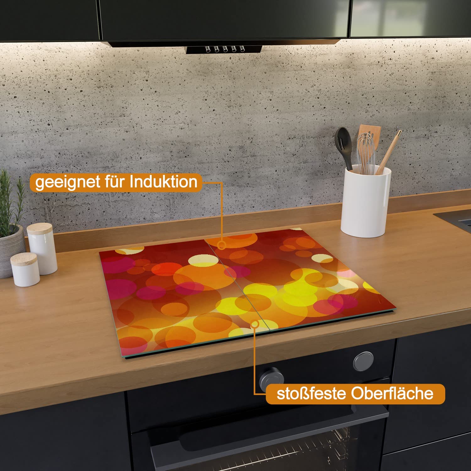 Wallario Herdabdeckplatte/Spritzschutz aus Glas, 2-teilig, 60x52cm mit 13mm hohen Füßen, für Ceran- und Induktionsherde, Rote gelbe und orange Kreise - harmonisches Muster