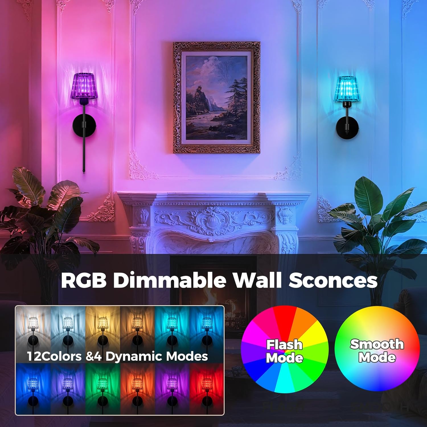 Black Wall Lights Battery Operated, Crystal Rechargeable Wall Sconces Set of 2 with 5000mAh Dimmable Bulbs and Remote, 12 Colors Wireless Wall Lamps Set of Two for Bedroom Living Room Bathroom