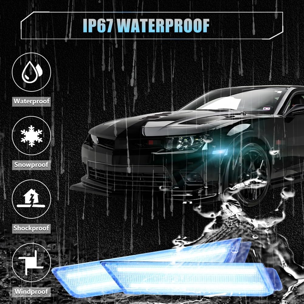 LED Side Marker Lights Clear Lens for Chevy Camaro 2010 2011 2012 2013 2014 2015, 5th Gen Camaro Blue Front Rear Bumper Fender Marker Lamps Turn Signal, Side Marker Reflectors Lights, 4 PCS
