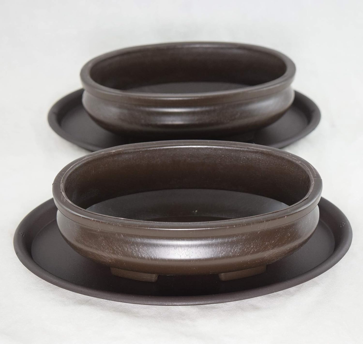 2 Sets Oval Heavy Duty Dark Brown Plastic Cactus & Succulent Planter, Bonsai Training Pot + Tray + Mesh - 7"x 4.5"x 2" (2xB-8+1021)
