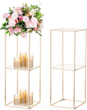 NUPTIO Gold Flower Stands for Centerpiece 31.5 inch Tall Centerpiece for Wedding Table 2-layer Pedestal Stand for Party Decoration Set of 2