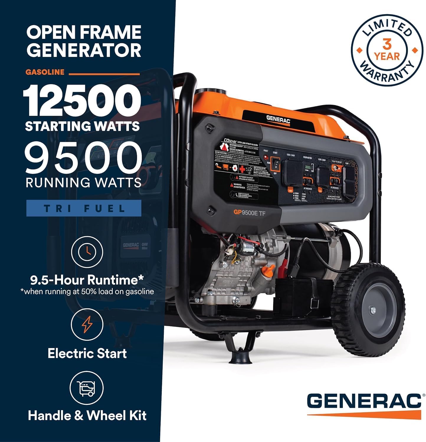 Generac 12,500 Starting Watt Tri-Fuel Portable Generator, Electric Start, Gas Propane Natural Gas, COsense Carbon Monoxide Detection, 9.5 Hour Runtime, Home Backup Emergency, 49-State Compliant